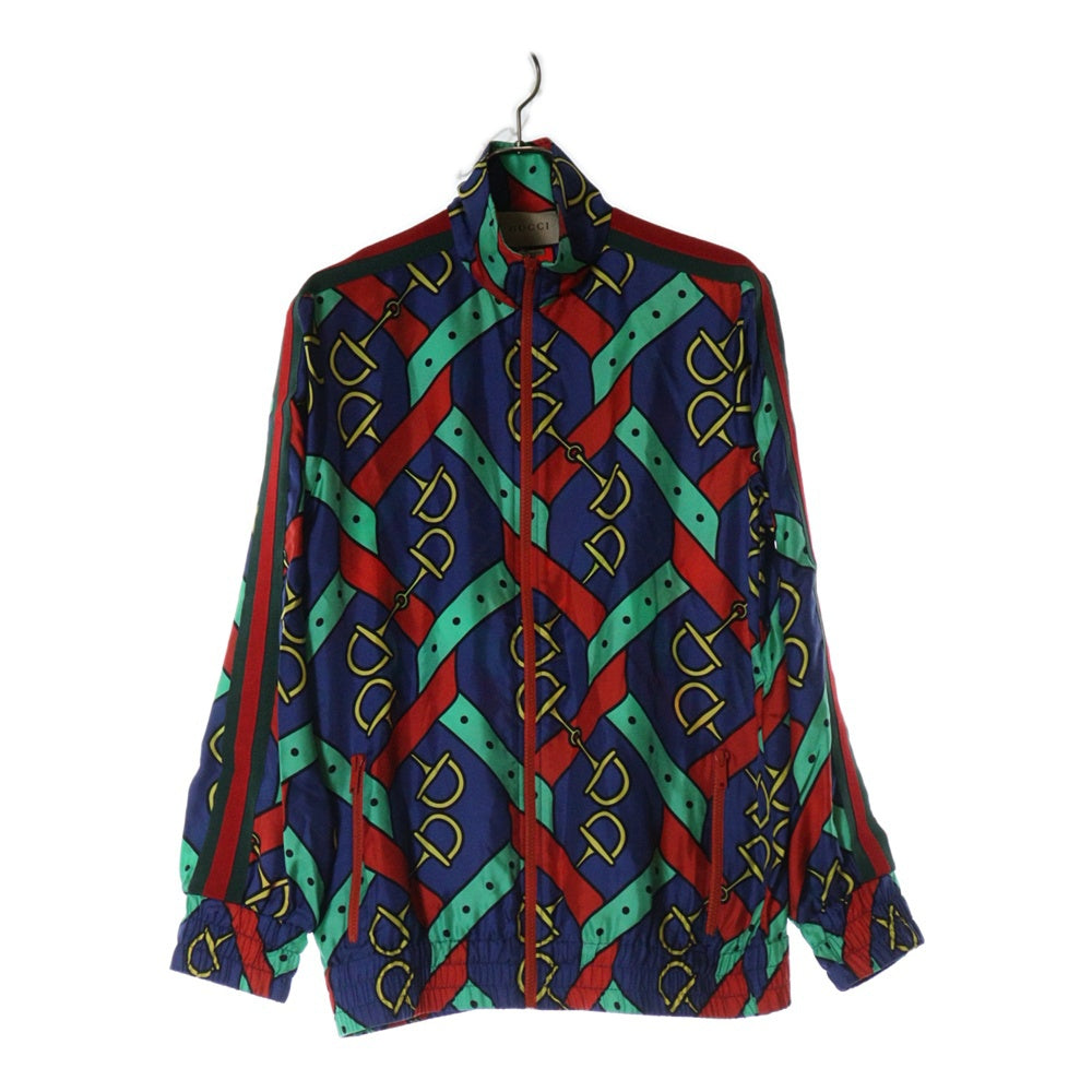 GUCCI(グッチ) 24SS ウェブ シェリーライン ホースビットプリント総柄 シルク ジップアップジャケット レッド/ブルー 743005 XJFJF