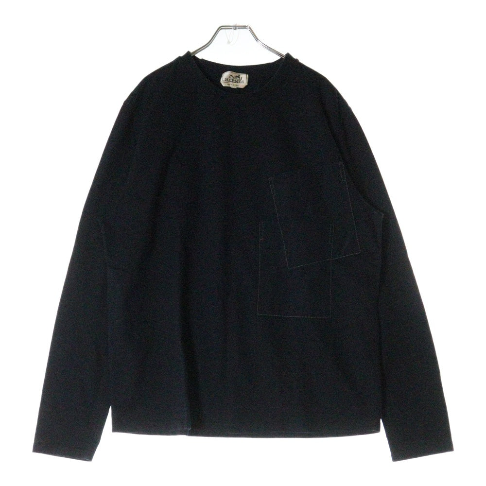 HERMES(エルメス) ポケットデザイン クルーネック ロングスリーブ 長袖Tシャツ カットソー ネイビー
