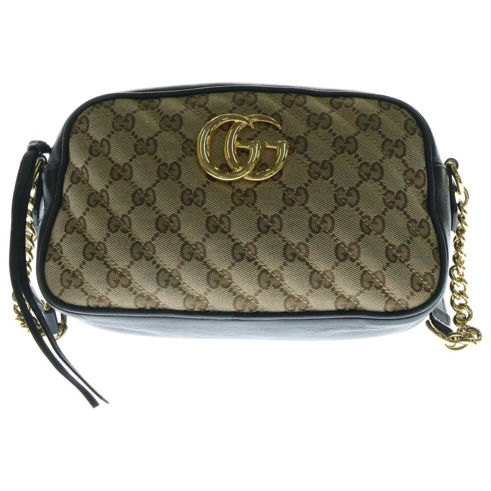 GUCCI(グッチ) GGマーモント チェーンショルダーバッグ ミニバッグ キャンバス×レザー ベージュ×ブラック ゴールド金具 447632