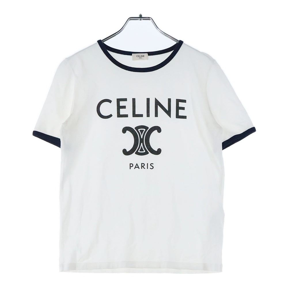 CELINE(セリーヌ) 22SS エディ期 トリオンフ ロゴプリント 半袖リンガーTシャツ カットソー ホワイト/ネイビー 2X872671Q