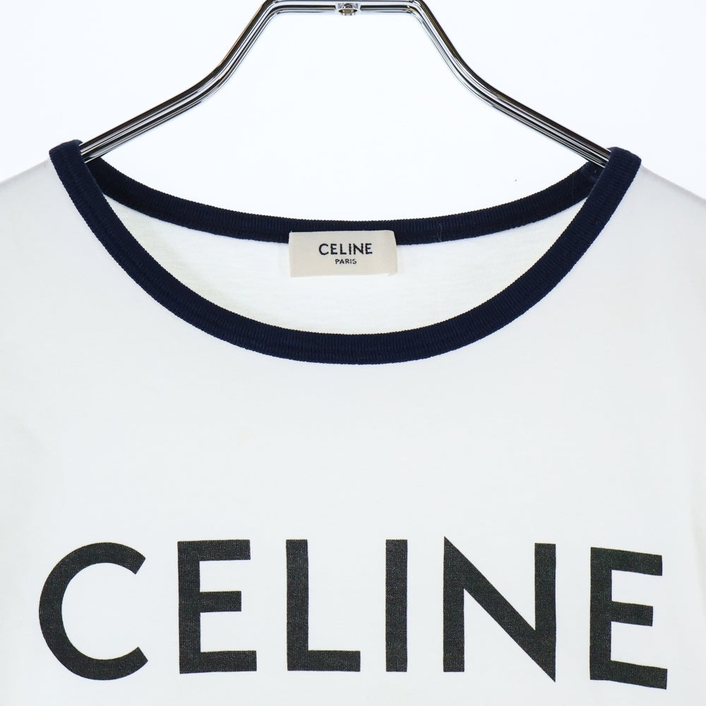 CELINE(セリーヌ) 22SS エディ期 トリオンフ ロゴプリント 半袖リンガーTシャツ カットソー ホワイト/ネイビー 2X872671Q