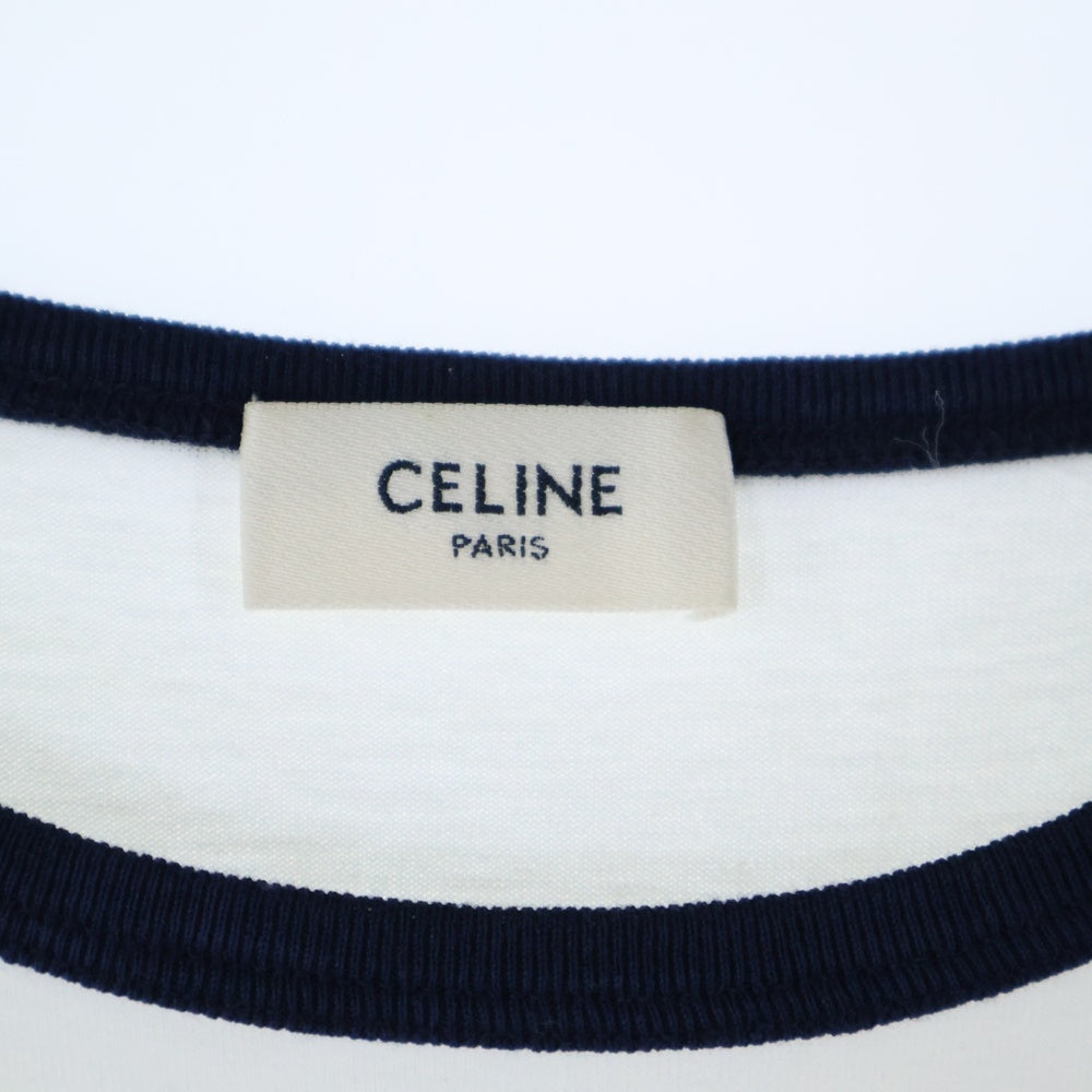 CELINE(セリーヌ) 22SS エディ期 トリオンフ ロゴプリント 半袖リンガーTシャツ カットソー ホワイト/ネイビー 2X872671Q