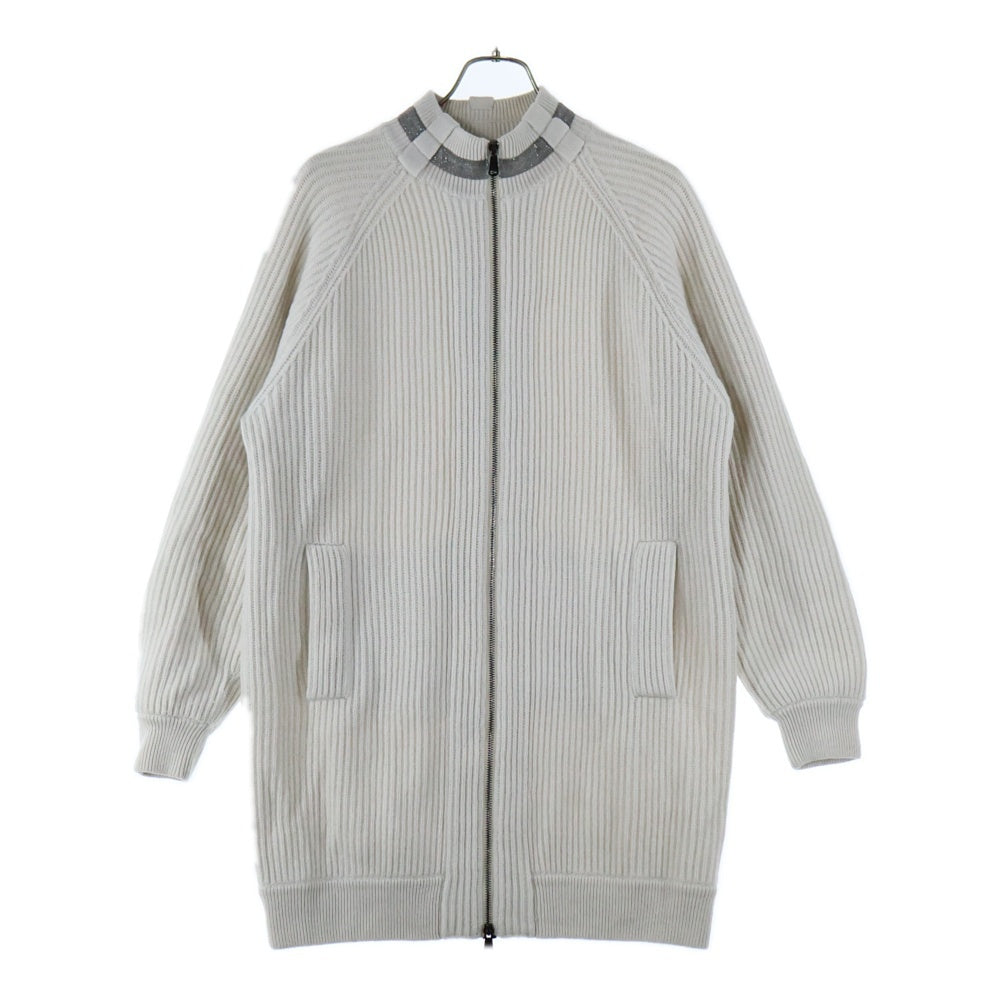 BRUNELLO CUCINELLI(ブルネロクチネリ) モニーレ 装飾 カシミヤ ニット モックネック ジップアップ ロング ジャケット ドライバーズニット ホワイト