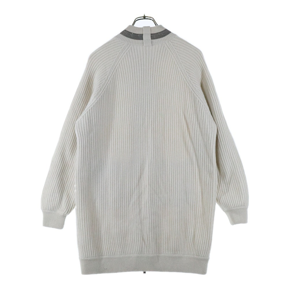 BRUNELLO CUCINELLI(ブルネロクチネリ) モニーレ 装飾 カシミヤ ニット モックネック ジップアップ ロング ジャケット ドライバーズニット ホワイト