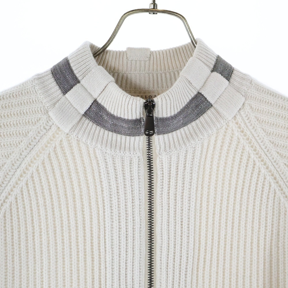 BRUNELLO CUCINELLI(ブルネロクチネリ) モニーレ 装飾 カシミヤ ニット モックネック ジップアップ ロング ジャケット ドライバーズニット ホワイト
