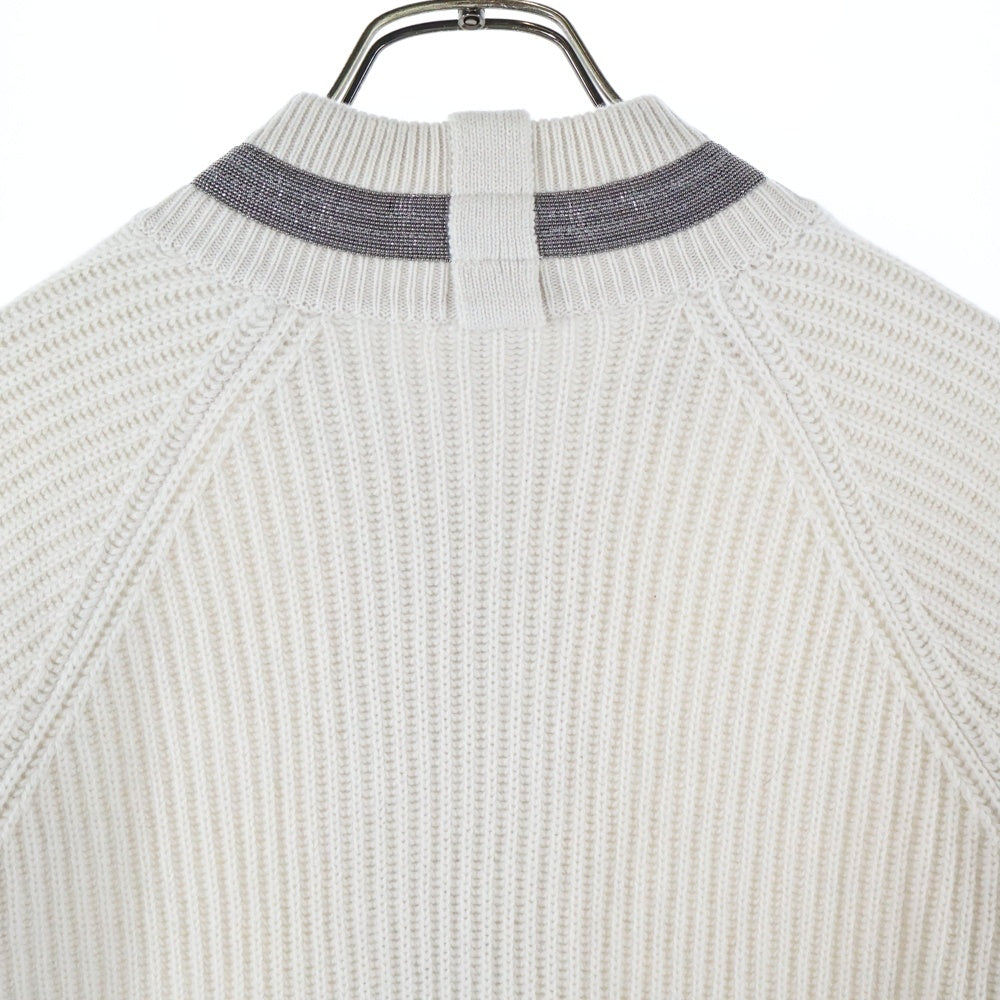 BRUNELLO CUCINELLI(ブルネロクチネリ) モニーレ 装飾 カシミヤ ニット モックネック ジップアップ ロング ジャケット ドライバーズニット ホワイト