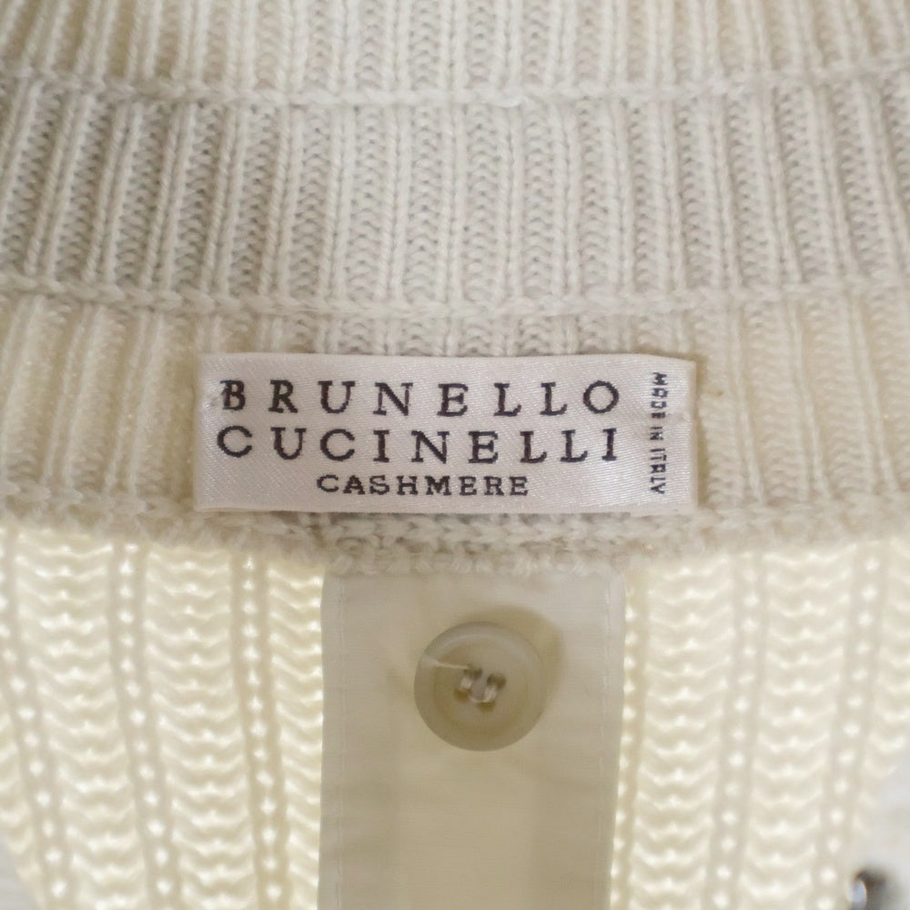 BRUNELLO CUCINELLI(ブルネロクチネリ) モニーレ 装飾 カシミヤ ニット モックネック ジップアップ ロング ジャケット ドライバーズニット ホワイト