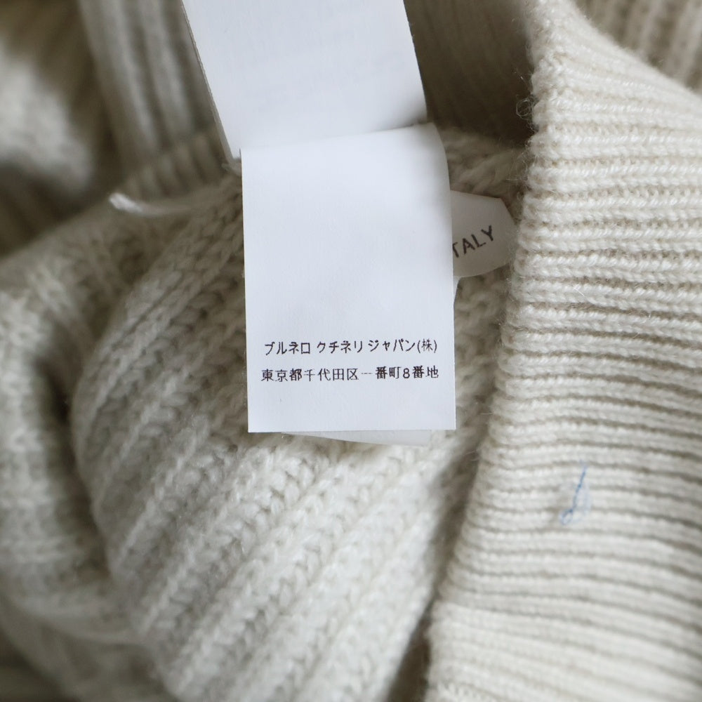 BRUNELLO CUCINELLI(ブルネロクチネリ) モニーレ 装飾 カシミヤ ニット モックネック ジップアップ ロング ジャケット ドライバーズニット ホワイト