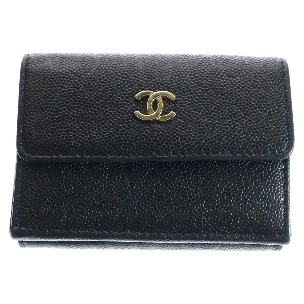 CHANEL(シャネル) カメリア 三つ折り財布 コンパクトウォレット コインケース ブラック レザー ゴールド金具 キャビアスキン