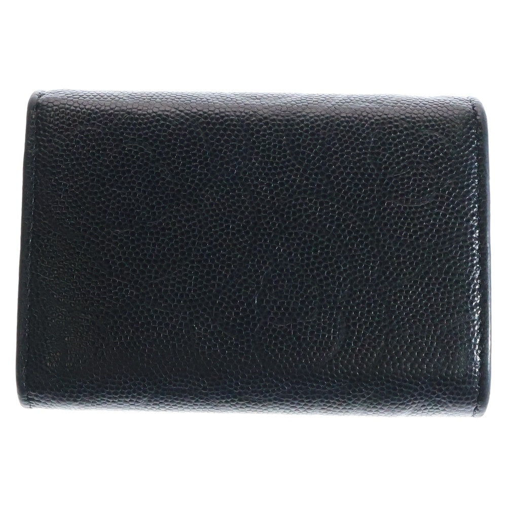 CHANEL(シャネル) カメリア 三つ折り財布 コンパクトウォレット コインケース ブラック レザー ゴールド金具 キャビアスキン