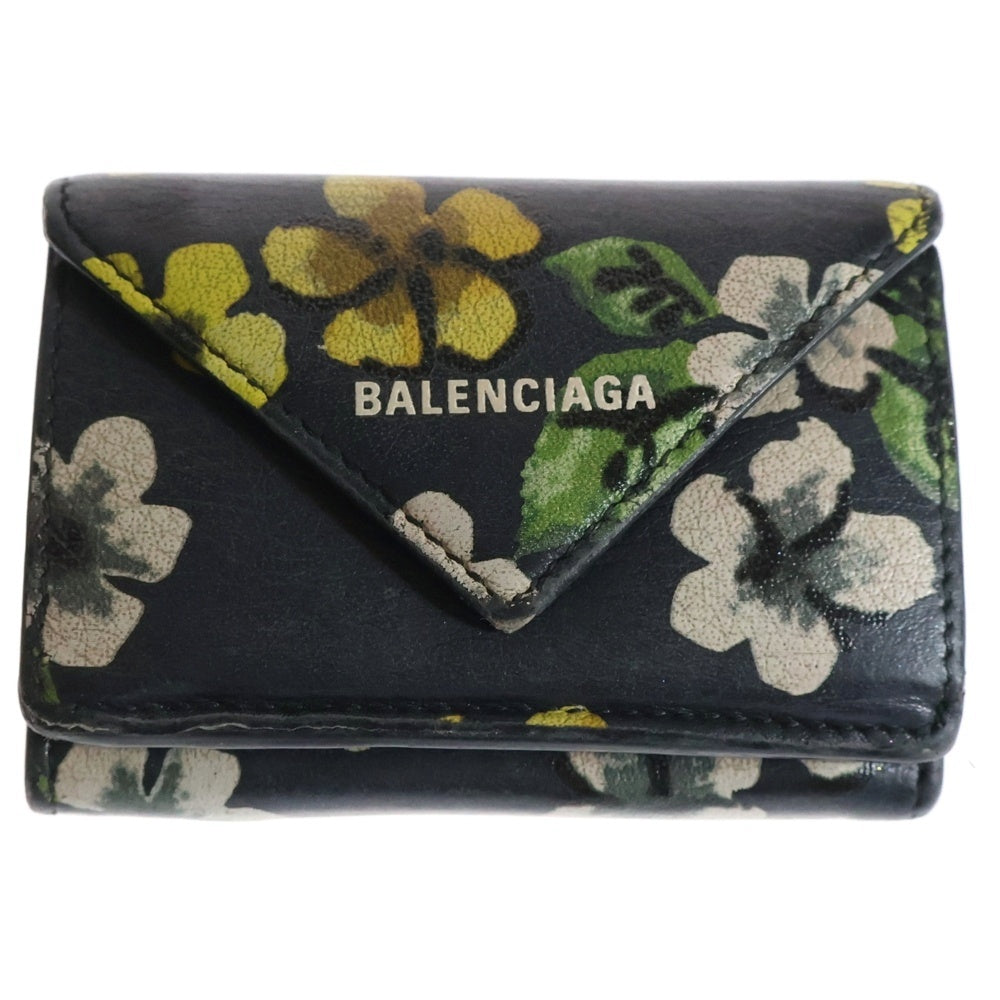 BALENCIAGA(バレンシアガ) ミニペーパーウォレット 花柄 コンパクトウォレット 三つ折り財布 コインケース ブラック レザー