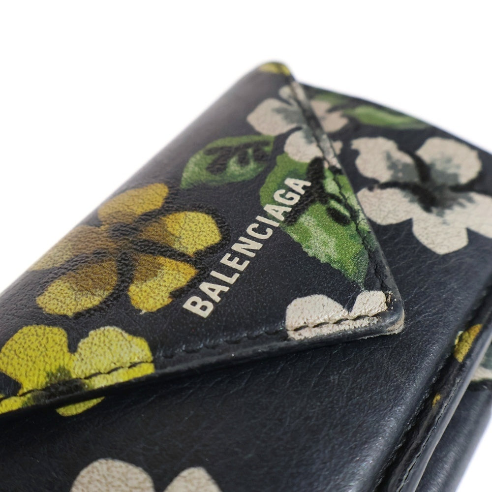 BALENCIAGA(バレンシアガ) ミニペーパーウォレット 花柄 コンパクトウォレット 三つ折り財布 コインケース ブラック レザー