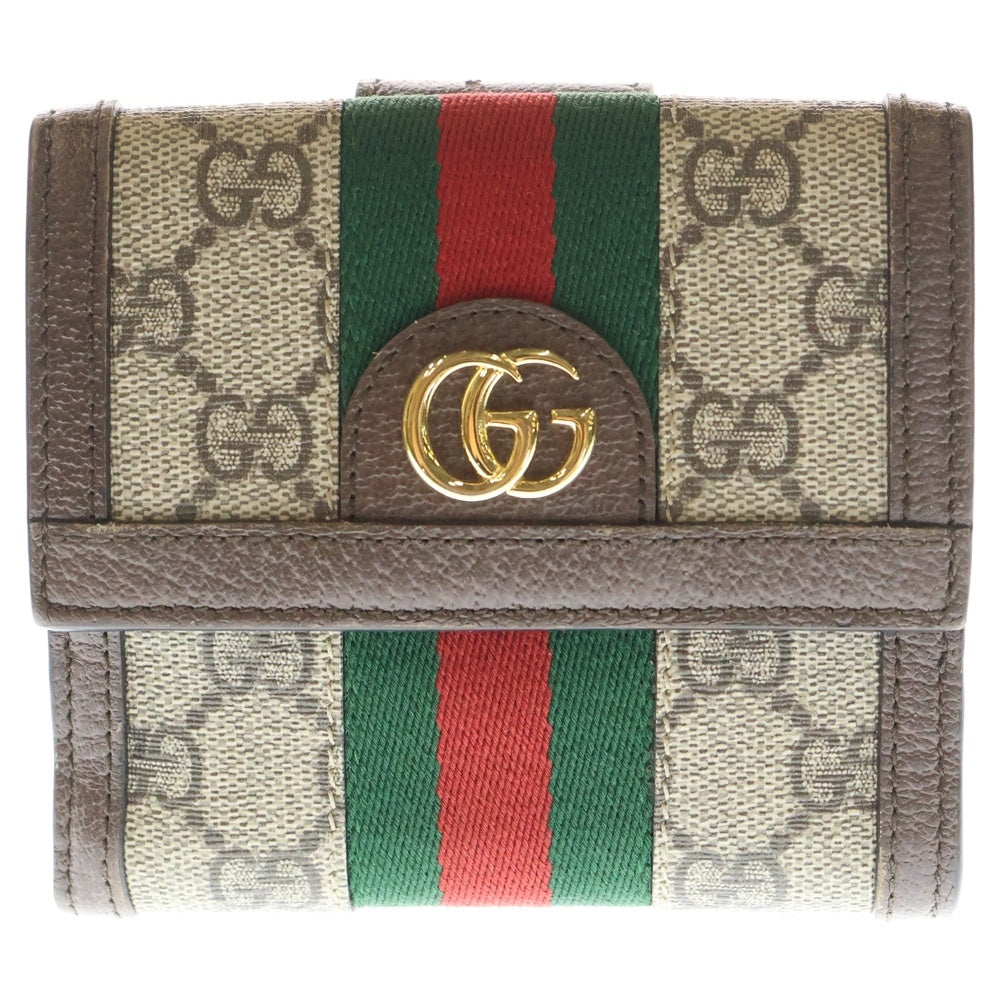 GUCCI(グッチ) GGスプリーム オフディア コンパクトウォレット 三つ折り財布 ベージュ×ブラウン PVC×レザー 523173 ゴールド金具