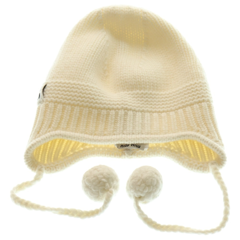 miumiu(ミュウミュウ) 24AW ロゴジャガード カシミヤ混 ウールニット キャップ ポンポン ビーニー 帽子 ホワイト 5HC324