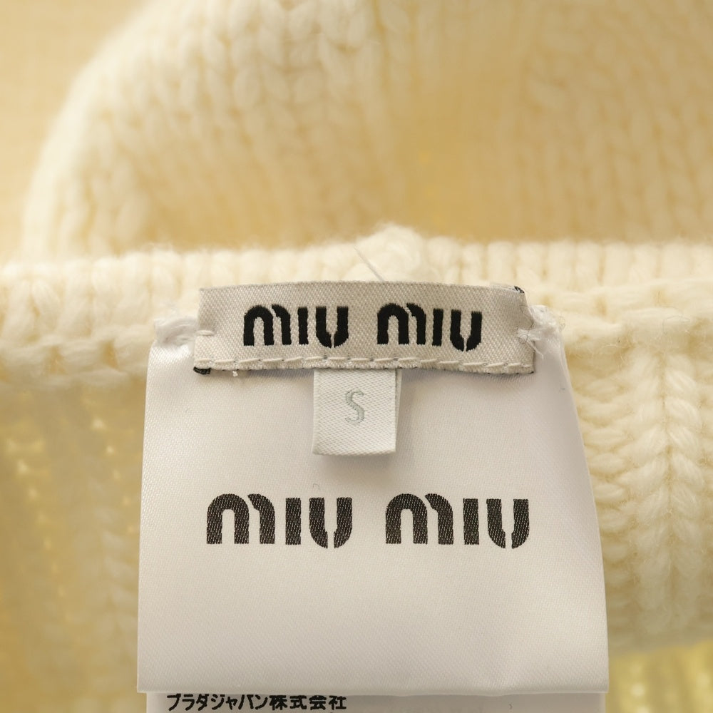 miumiu(ミュウミュウ) 24AW ロゴジャガード カシミヤ混 ウールニット キャップ ポンポン ビーニー 帽子 ホワイト 5HC324