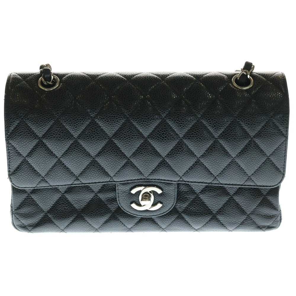 CHANEL(シャネル) マトラッセ25 ココマーク キャビアスキン レザー Wフラップ ダブルチェーン ショルダーバッグ シルバー金具 ブラック