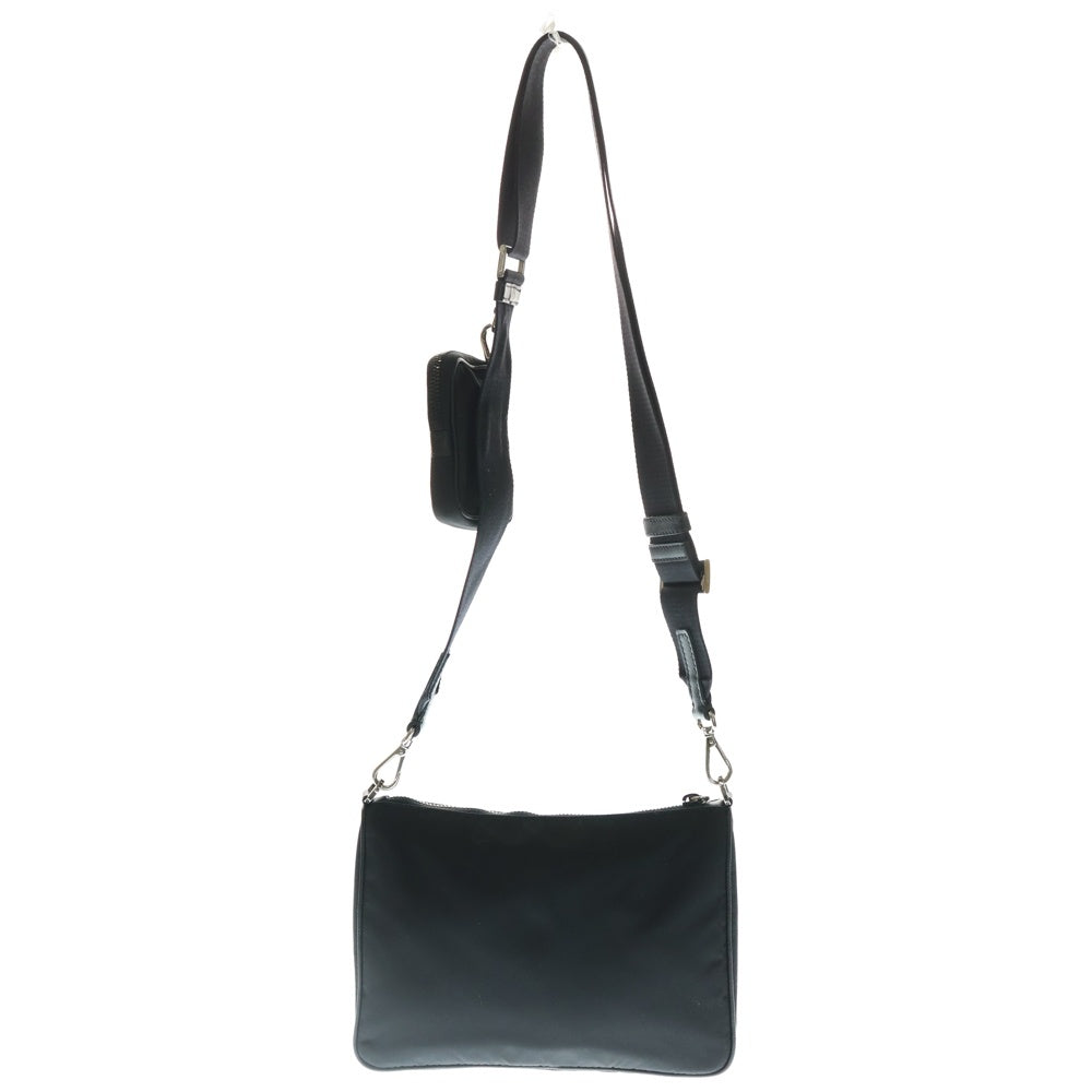 PRADA(プラダ) RE-NYLON リナイロン トライアングルロゴプレート サフィアーノレザー ショルダーバッグ シルバー金具 ブラック 2VH113