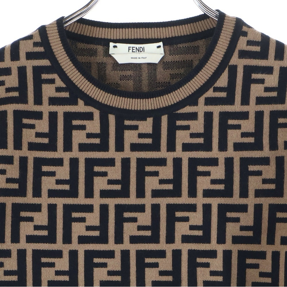FENDI(フェンディ) ズッカ総柄 レーヨン クルーネック プルオーバー 長袖ニット セーター ブラウン レディース FZY703 A5QG
