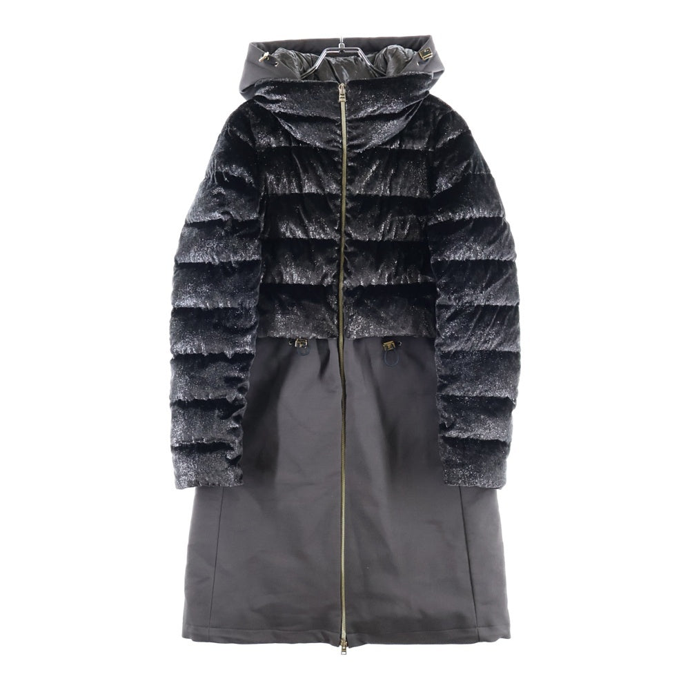 HERNO(ヘルノ) ベロア ベルベット スウェット切り替え フーデッド ジップアップ ダウン ロング ジャケット コート ブラウン レディース PI1005D-15019-9480