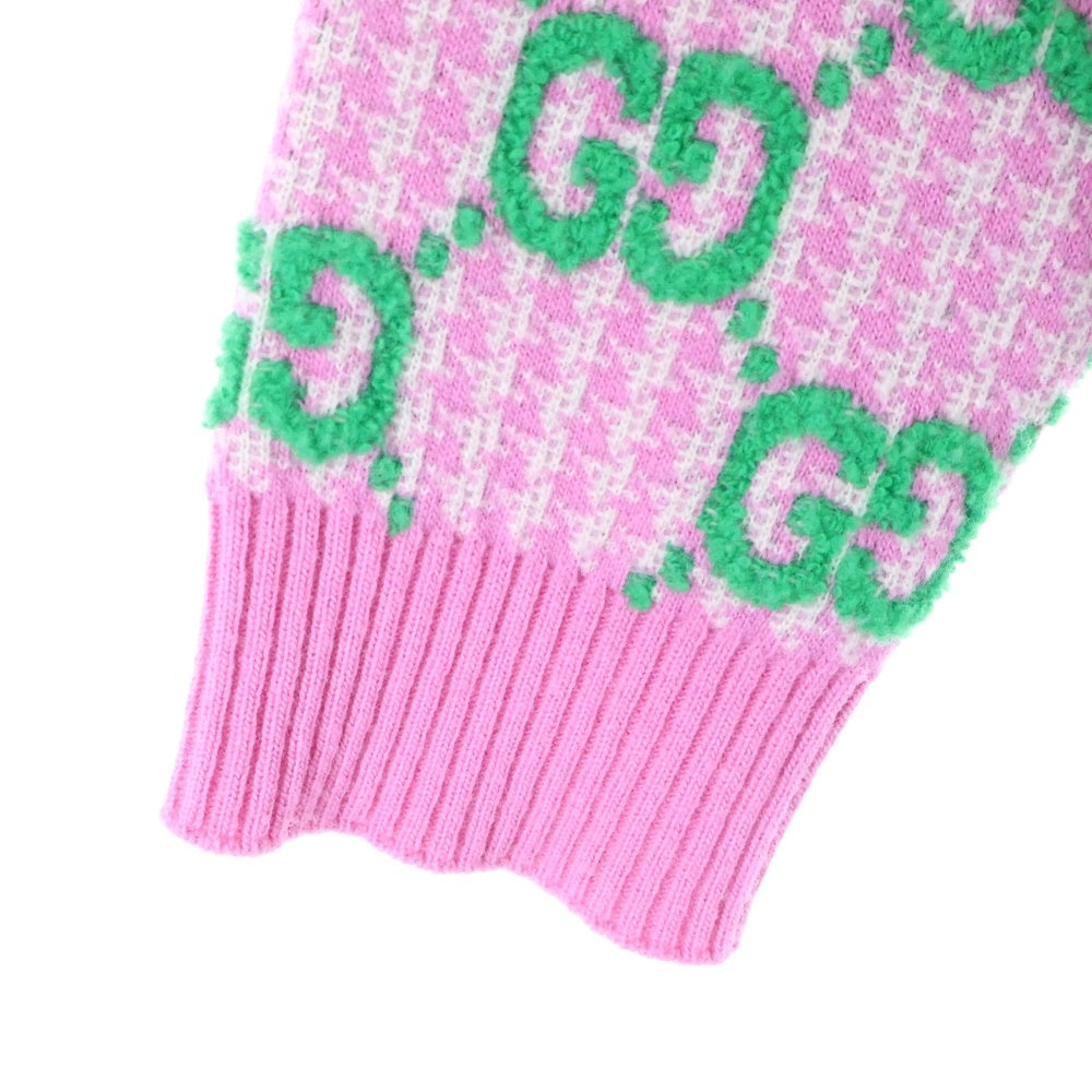GUCCI(グッチ) GG総柄ジャガード チェック ウール ニット カーディガン ピンク/グリーン 727110