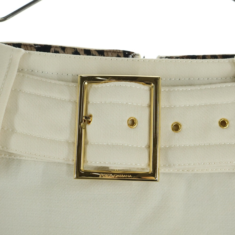 DOLCE & GABBANA(ドルチェアンドガッバーナ) 裏地レオパード総柄 スクエアバックル ベルト付き タイト ミニスカート アイボリー レディース