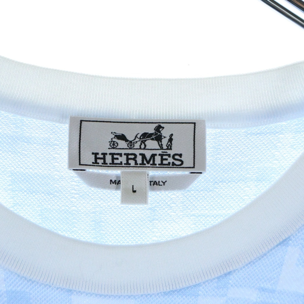 HERMES(エルメス) 総柄プリント クルーネック 半袖Tシャツ カットソー ライトブルー