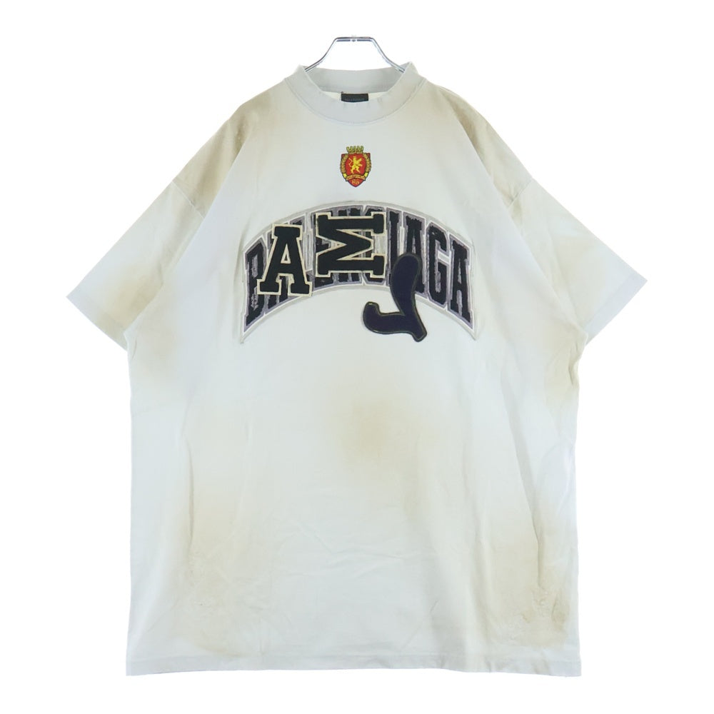 BALENCIAGA(バレンシアガ) 23SS SKATER OVERSIZED クラッシュダスト加工 スケーターワッペンロゴ半袖カットソー Tシャツ ホワイト 739028 TOVN2