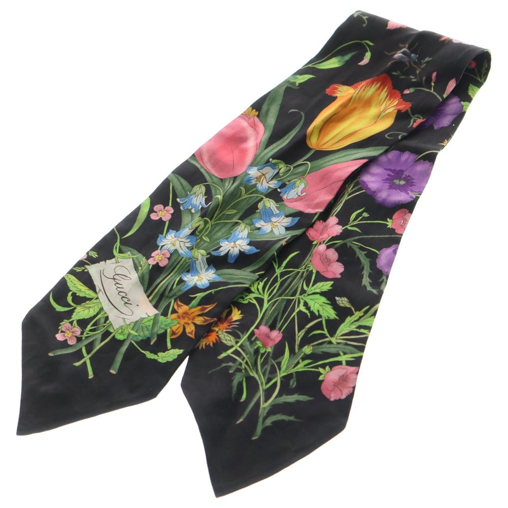 GUCCI(グッチ) スカーフ フローラ プリント ネックボウ シルクスカーフ ブラック 733434