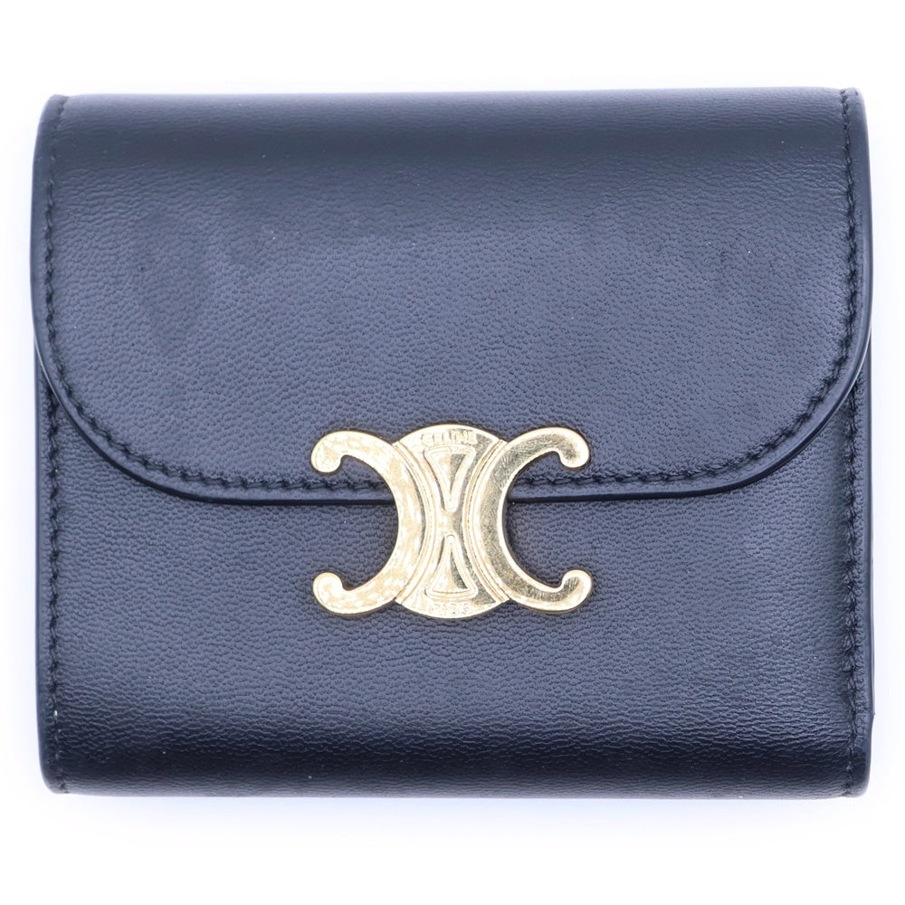 CELINE(セリーヌ) トリオンフ スモールフラップウォレット 三つ折り財布 ブラック カーフスキン 10D783DPV.38NO ゴールド金具 レディース