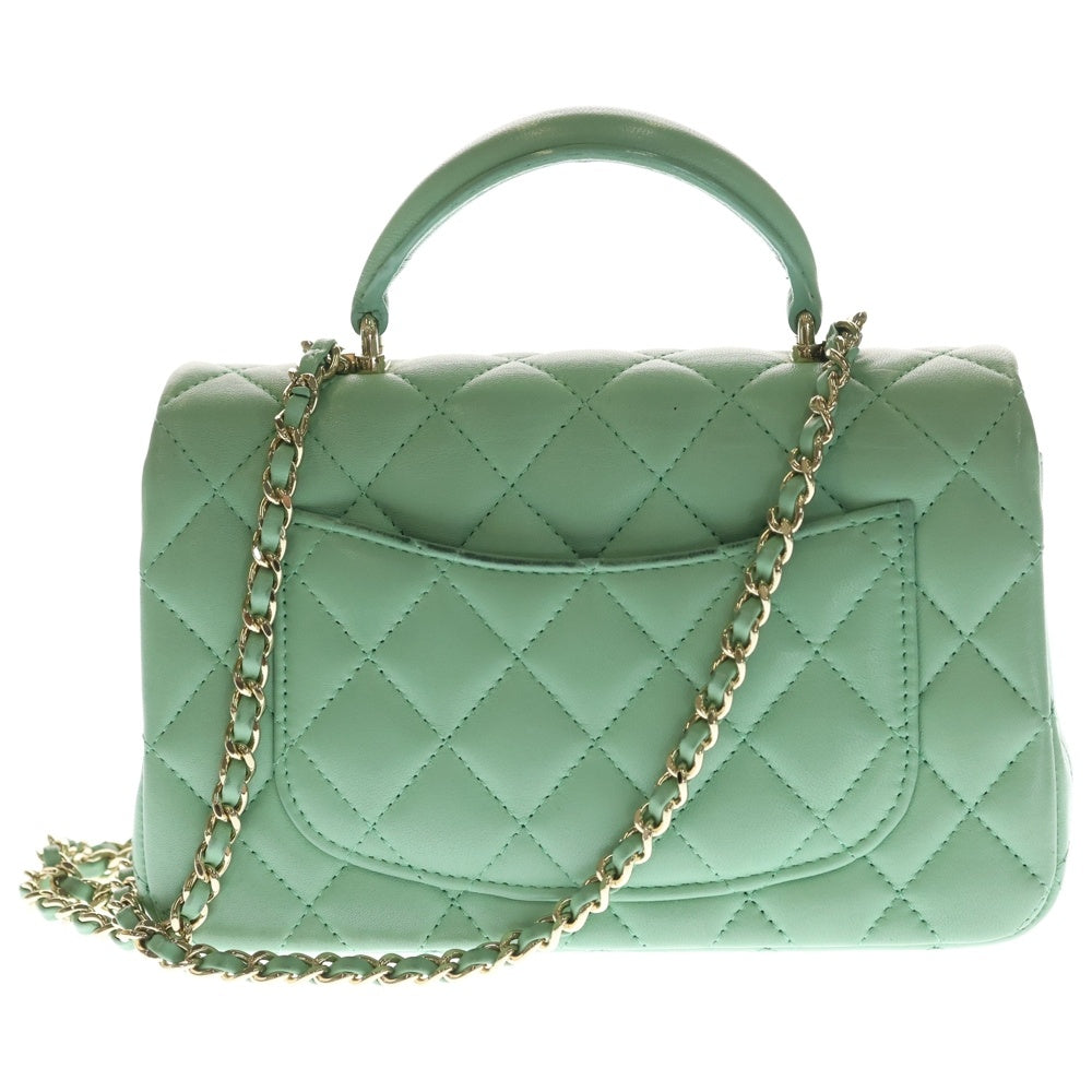 CHANEL(シャネル) マトラッセ トップハンドル ラムスキン レザー チェーンショルダーバッグ ゴールド金具 ライトグリーン プレート レディース