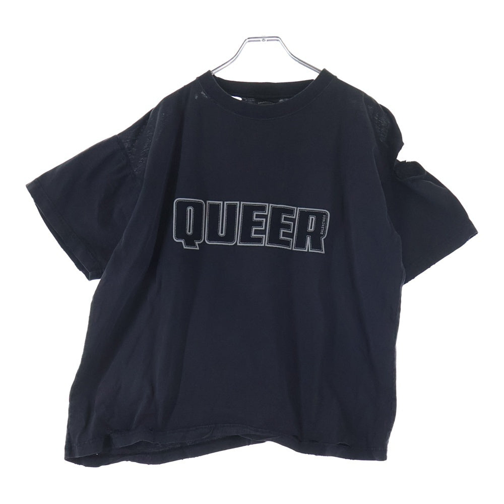 BALENCIAGA(バレンシアガ) ダメージ加工 ロゴ刺繍 クルーネック 半袖Tシャツ カットソー ブラック 826346