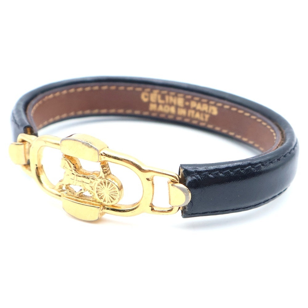 CELINE(セリーヌ) 馬車モチーフ バングル ブレスレット ブラック GP×レザー ゴールド金具