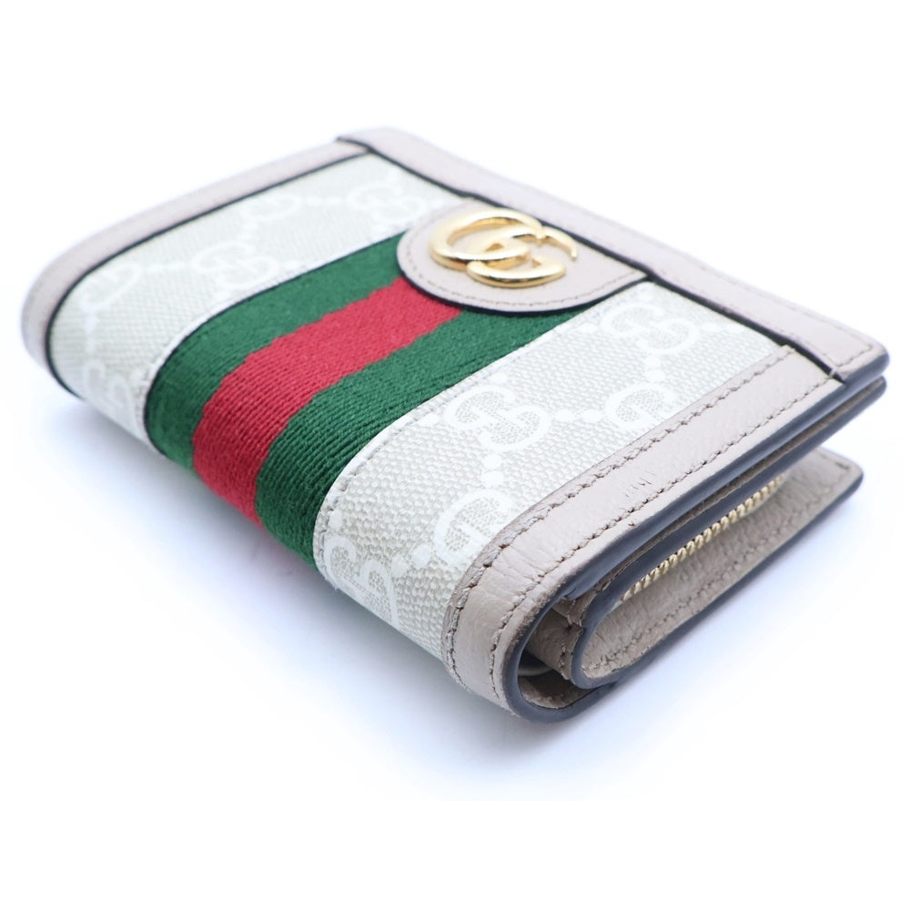 GUCCI(グッチ) オフィディア GGスプリーム カードケース コンパクトウォレット 2つ折り財布 キャンバス ベージュ 8132 ゴールド金具 レディース
