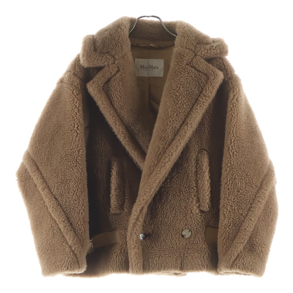 Max Mara(マックスマーラ) テディベア シルク混 キャメル ボア レザーベルト ダブルブレスト ジャケット ブラウン レディース