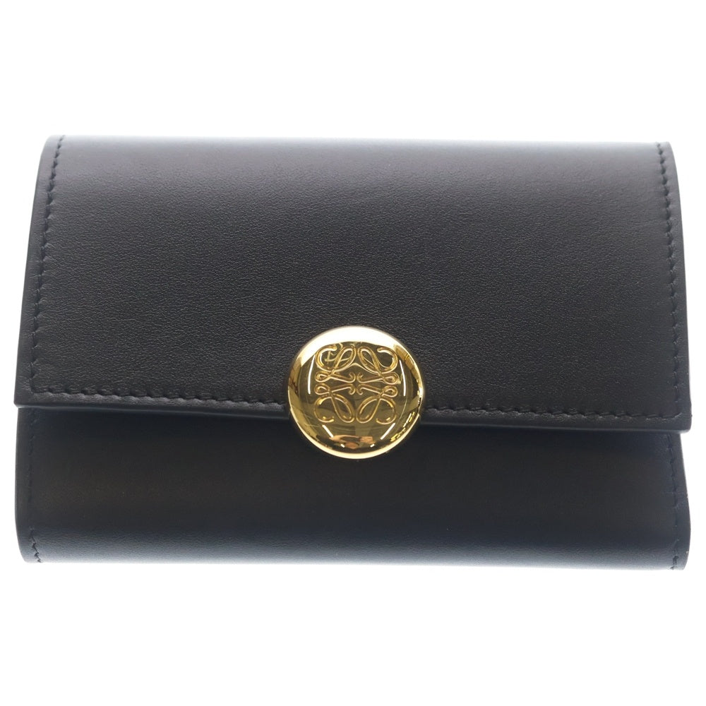 LOEWE(ロエベ) ぺブル バーティカル コンパクトウォレット スモール 三つ折り財布 コインケース ブラック レザー ゴールド金具 レディース
