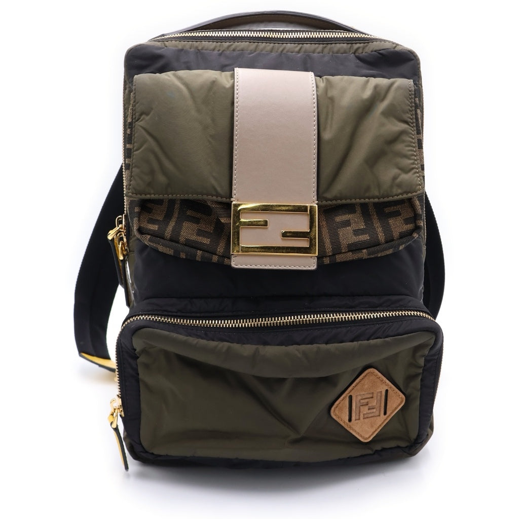 FENDI(フェンディ) ズッカ バックパック リュックサック カーキ×ブラック マルチカラー ナイロン×レザー 7VZ047 ゴールド金具