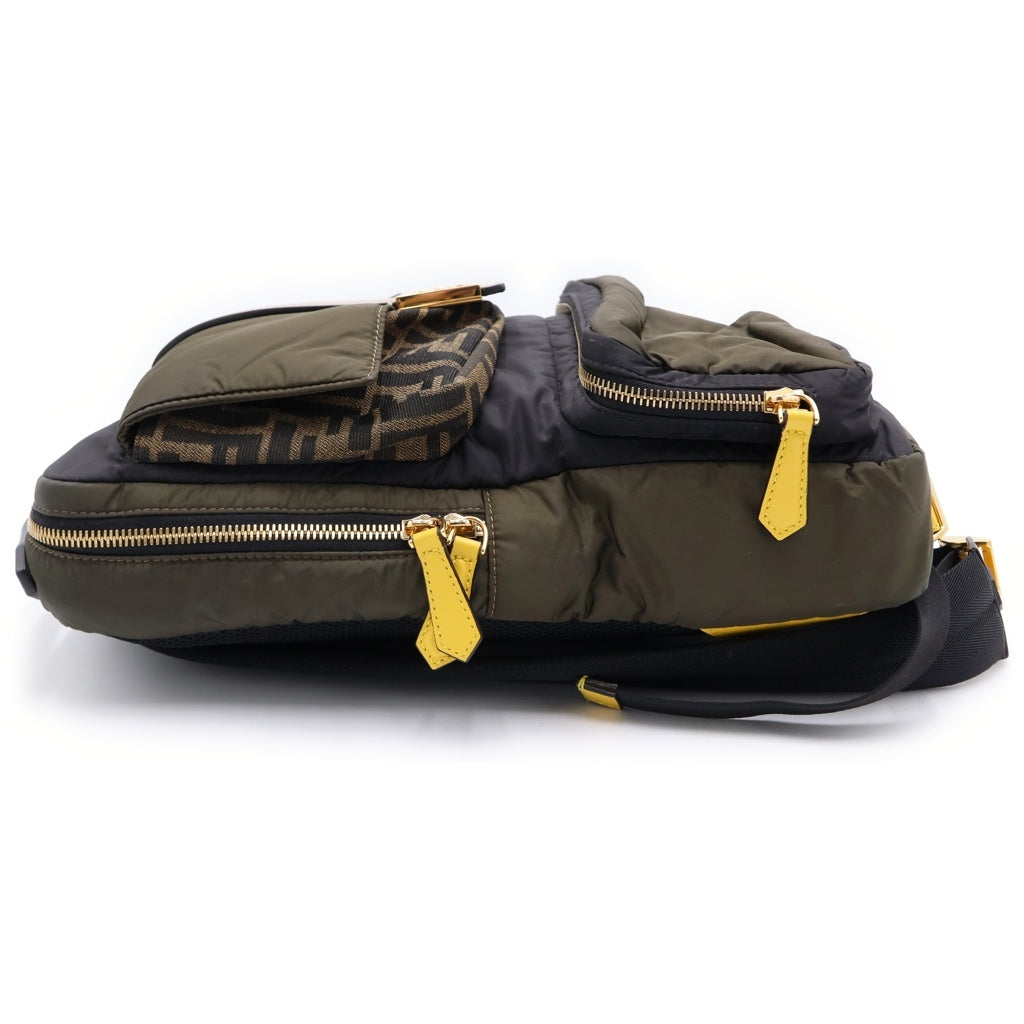 FENDI(フェンディ) ズッカ バックパック リュックサック カーキ×ブラック マルチカラー ナイロン×レザー 7VZ047 ゴールド金具