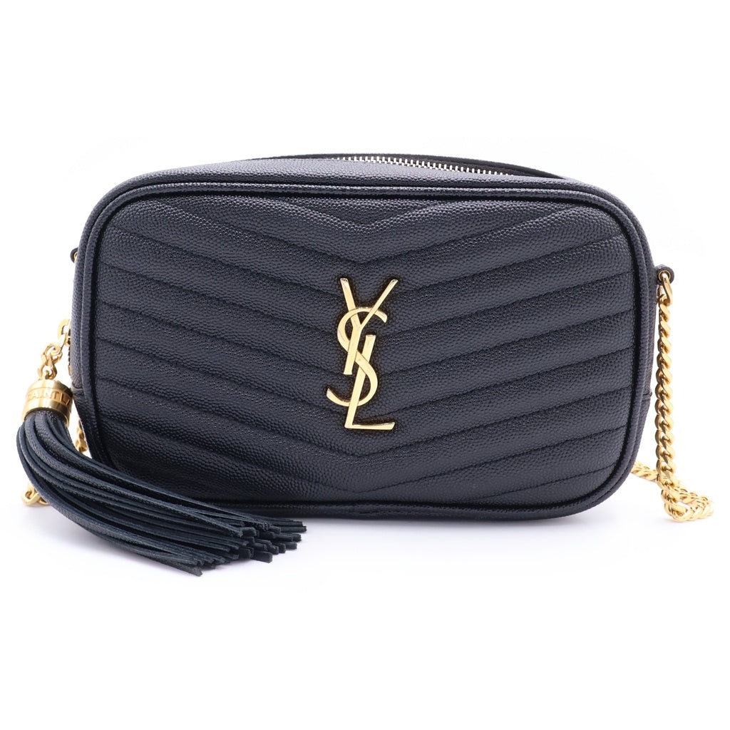 SAINT LAURENT PARIS(サンローランパリ) ルー ミニ カサンドラロゴプレート レザー タッセル チェーンショルダーバッグ ゴールド金具 ブラック 618057 レディース