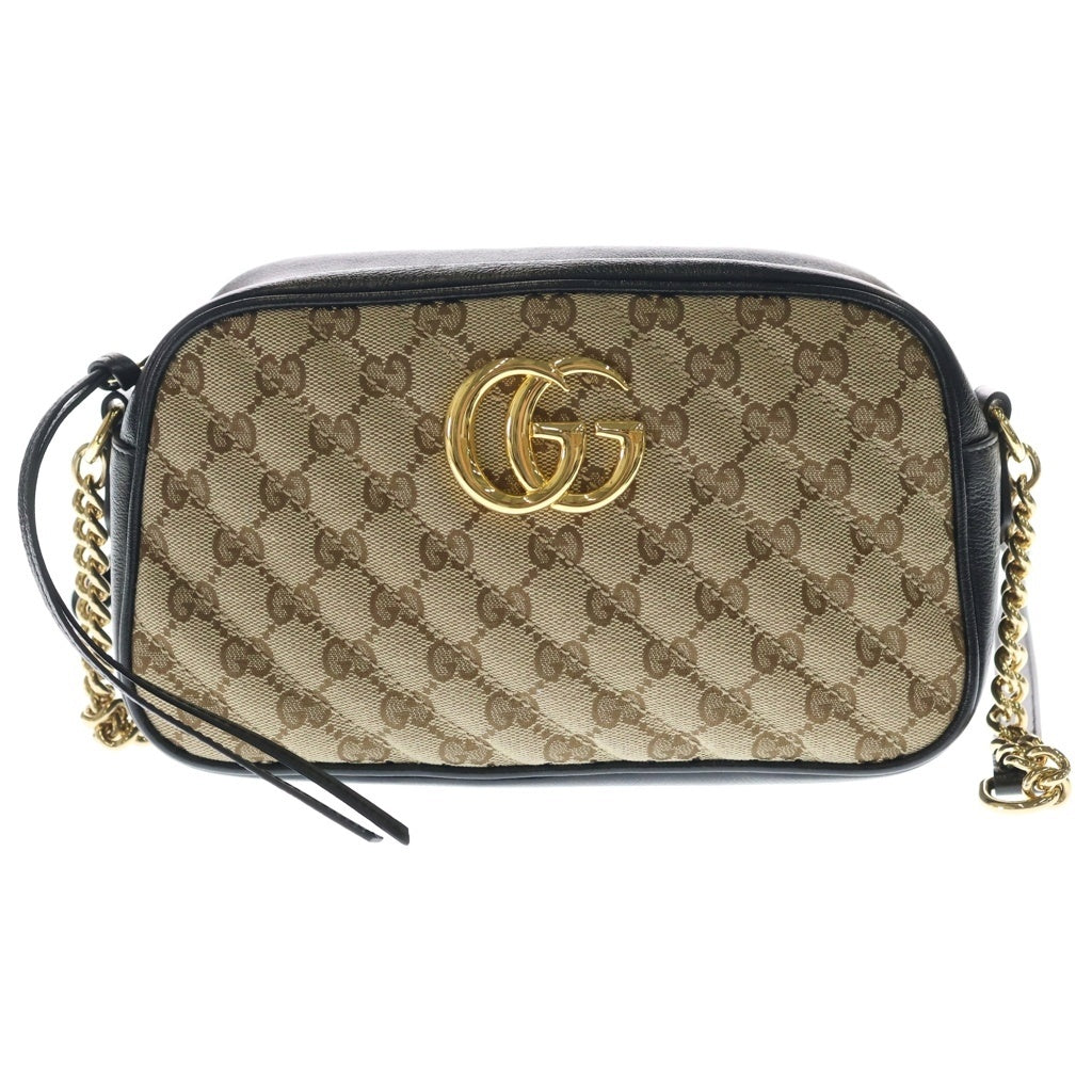 GUCCI(グッチ) GGマーモント ショルダーバッグ ミニバッグ ブラック×ベージュ キャンバス×レザー 447632 ゴールド金具 レディース