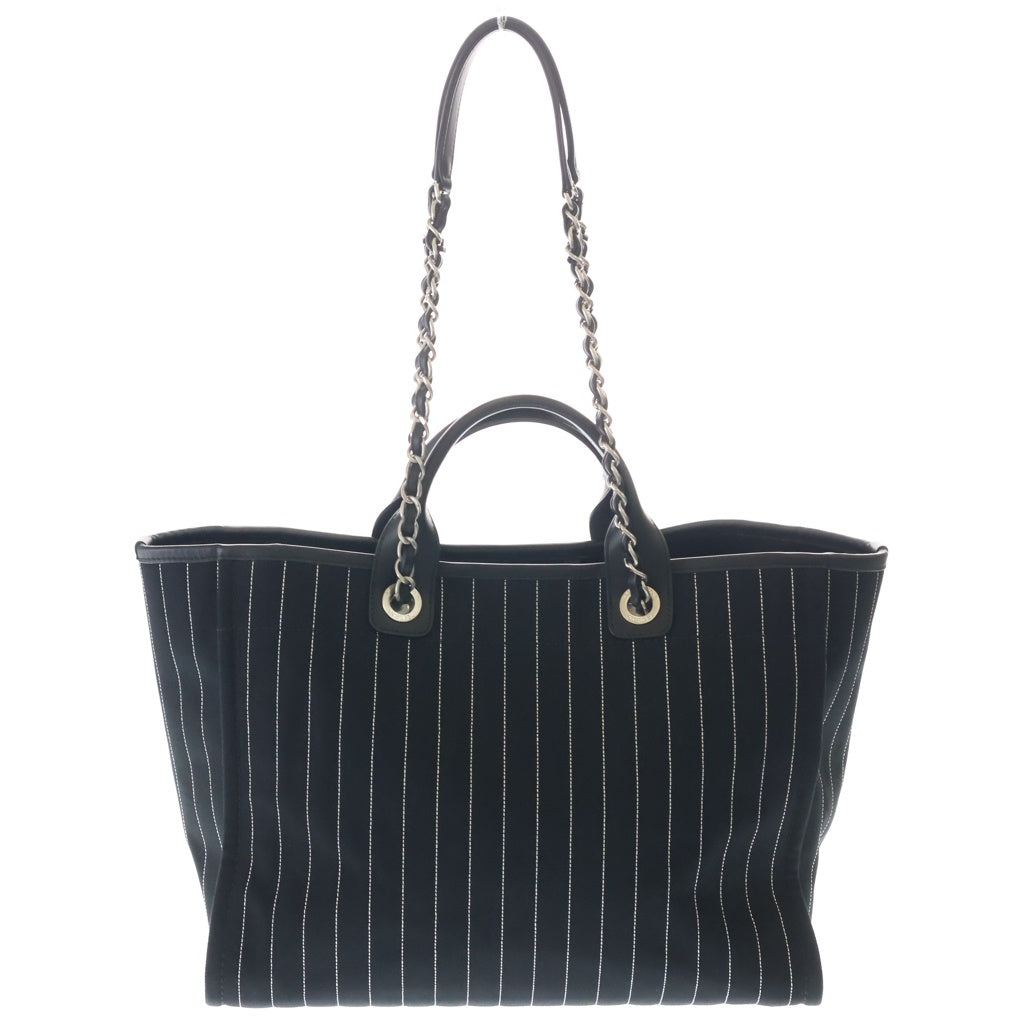 CHANEL(シャネル) ドーヴィルMM キャンバス ロゴ刺繍 トートバッグ ハンドバッグ ブラック レザー×キャンバス A66941 シルバー金具 レディース
