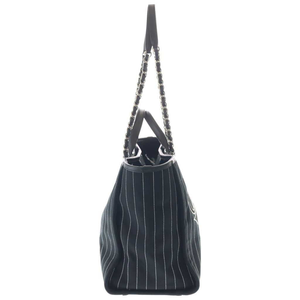 CHANEL(シャネル) ドーヴィルMM キャンバス ロゴ刺繍 トートバッグ ハンドバッグ ブラック レザー×キャンバス A66941 シルバー金具 レディース