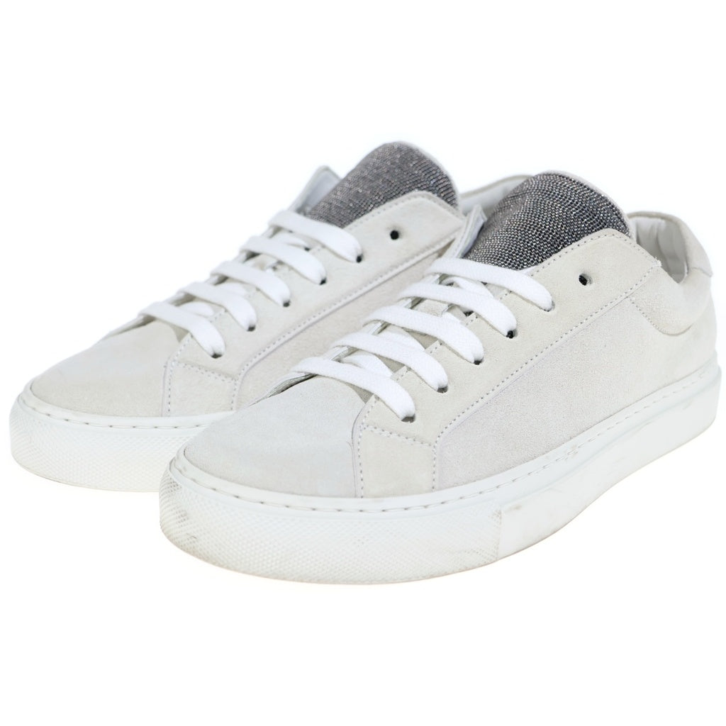BRUNELLO CUCINELLI(ブルネロクチネリ) モニーレ装飾 スエードレザー レースアップ ローカットシューズ スニーカー アイボリー レディース