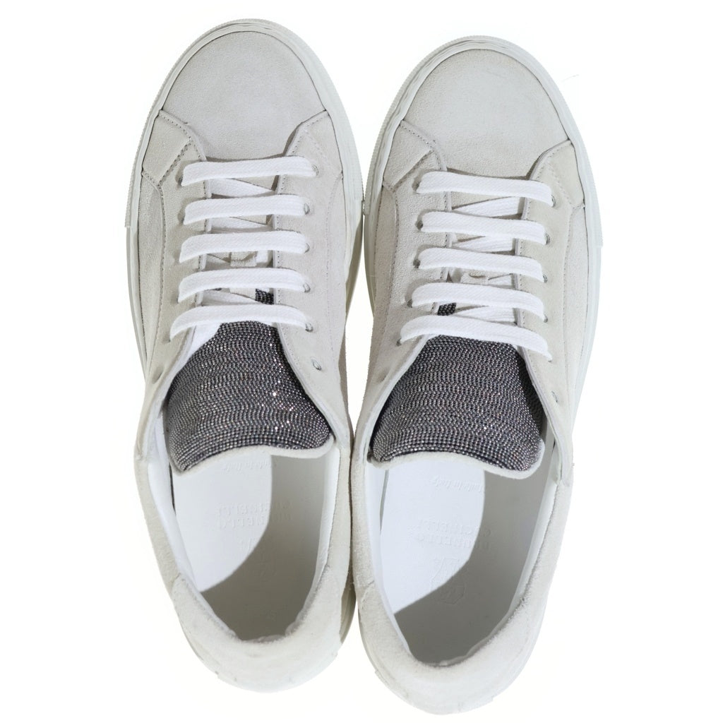 BRUNELLO CUCINELLI(ブルネロクチネリ) モニーレ装飾 スエードレザー レースアップ ローカットシューズ スニーカー アイボリー レディース