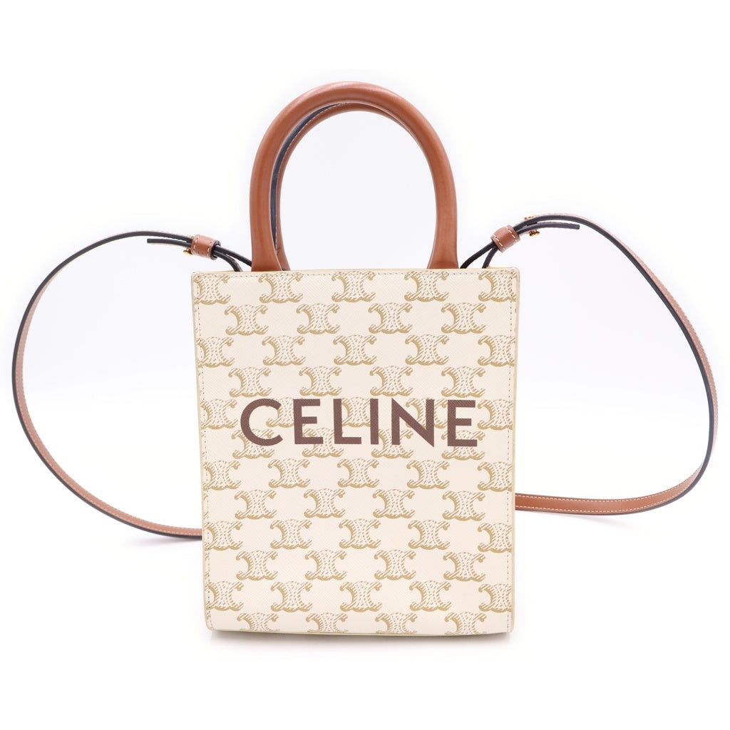 CELINE(セリーヌ) トリオンフ バーティカルカバ ミニ ショルダーバッグ ハンドバッグ ホワイト×ブラウン レザー×PVC ゴールド金具 レディース