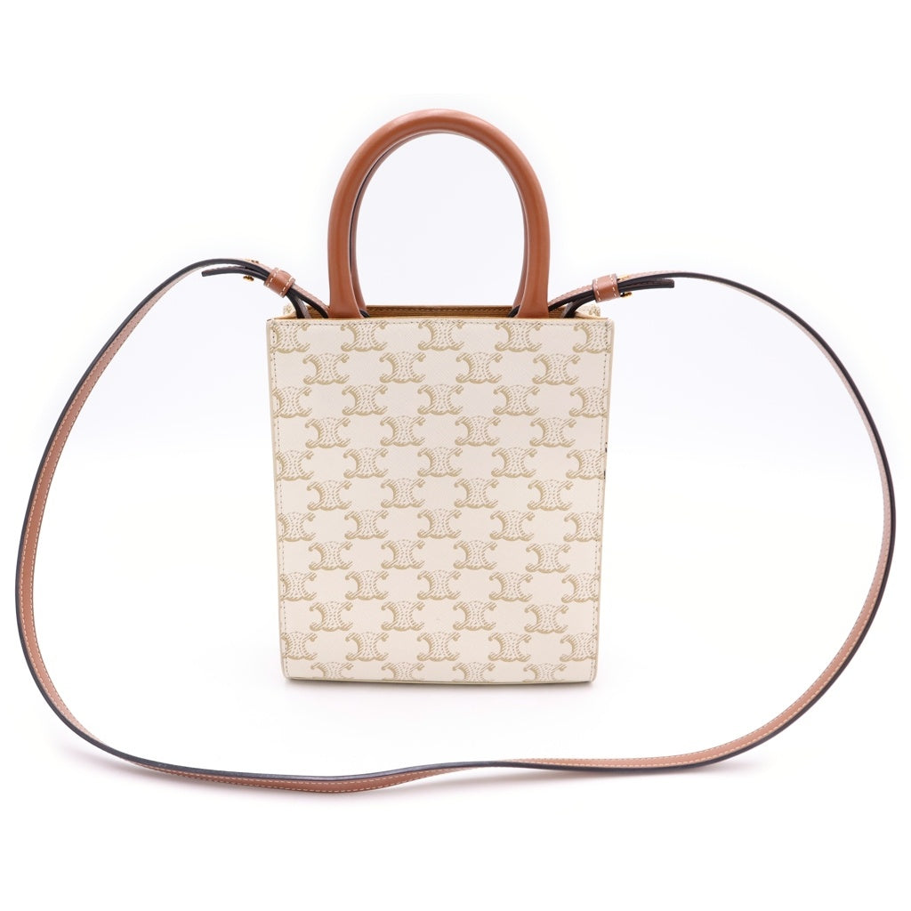 CELINE(セリーヌ) トリオンフ バーティカルカバ ミニ ショルダーバッグ ハンドバッグ ホワイト×ブラウン レザー×PVC ゴールド金具 レディース