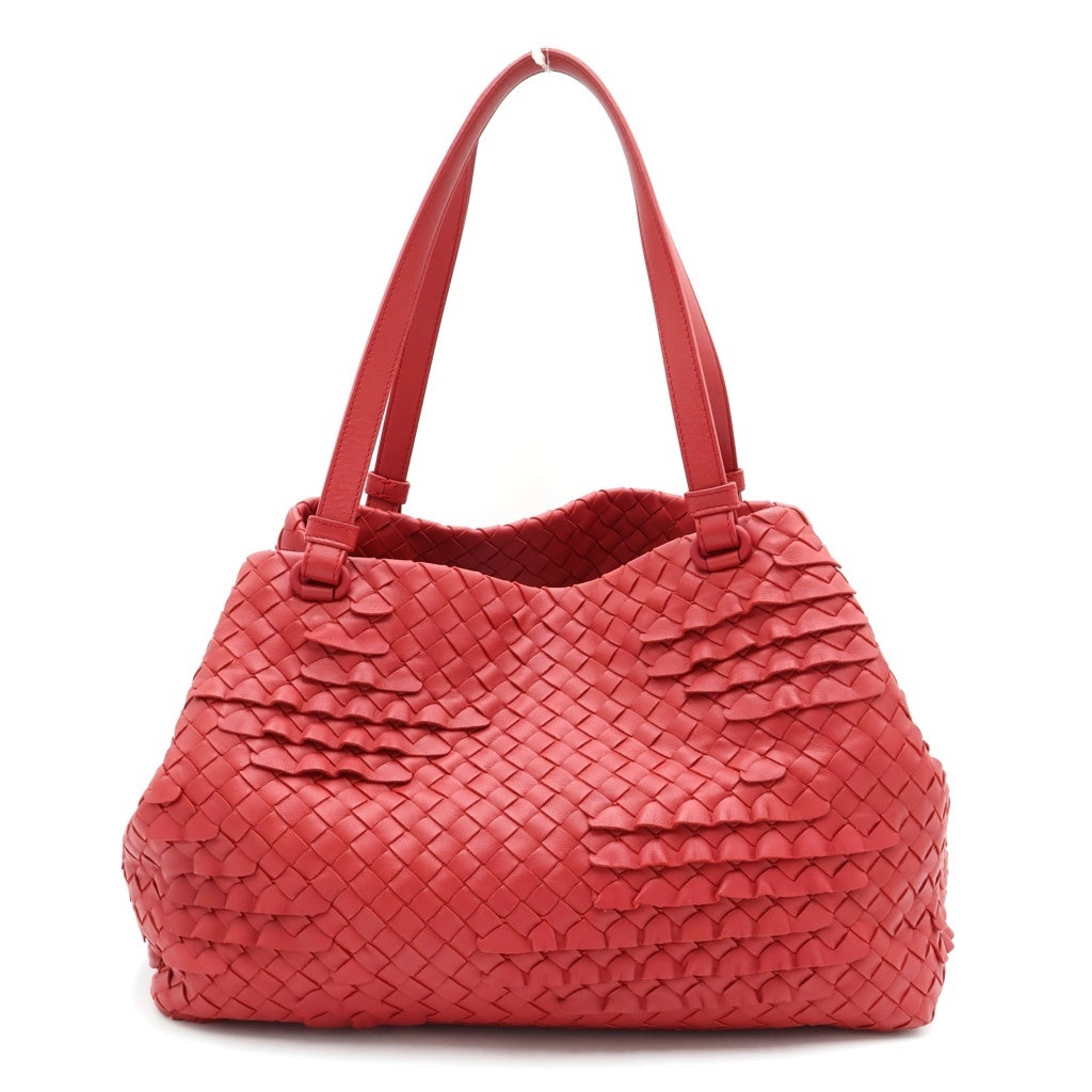 BOTTEGA VENETA(ボッテガヴェネタ) イントレチャート フリル レザー トートバッグ ハンドバッグ ショルダーバッグ レッド レディース