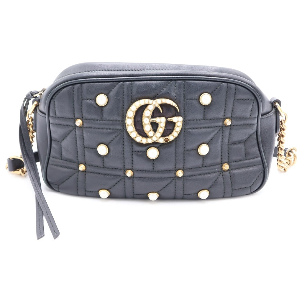 GUCCI(グッチ) GGマーモント パールモチーフ ショルダーバッグ ブラック レザー 447632 ゴールド金具 レディース