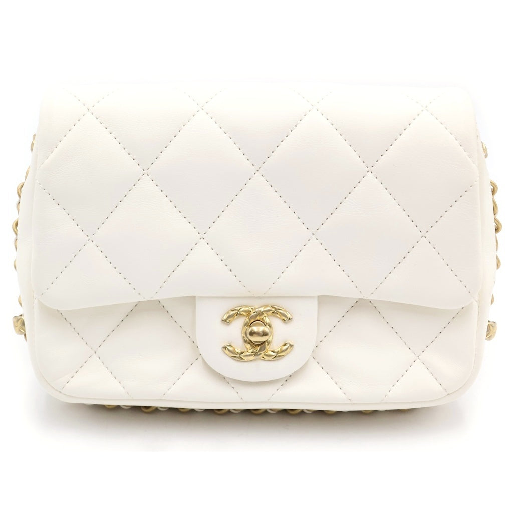 CHANEL(シャネル) マトラッセ18 チェーンアラウンド ミニフラップ ラムスキン レザー チェーンショルダー バッグ ゴールド金具 ホワイト レディース