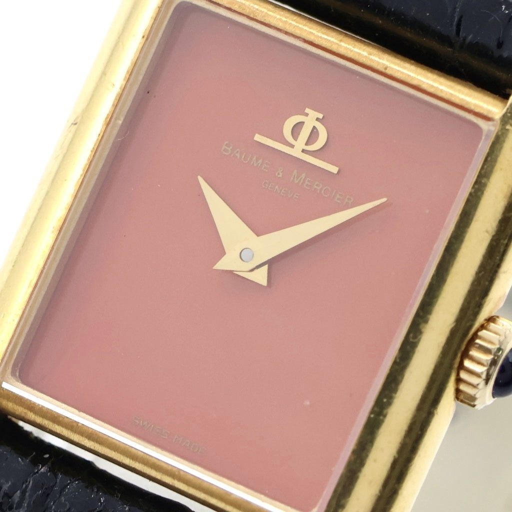 BAUME&MERCIER(ボームアンドメルシェ) レクタン サーモンピンク文字盤 YG×レザー/手巻き イエローゴールド ヴィンテージ 腕時計