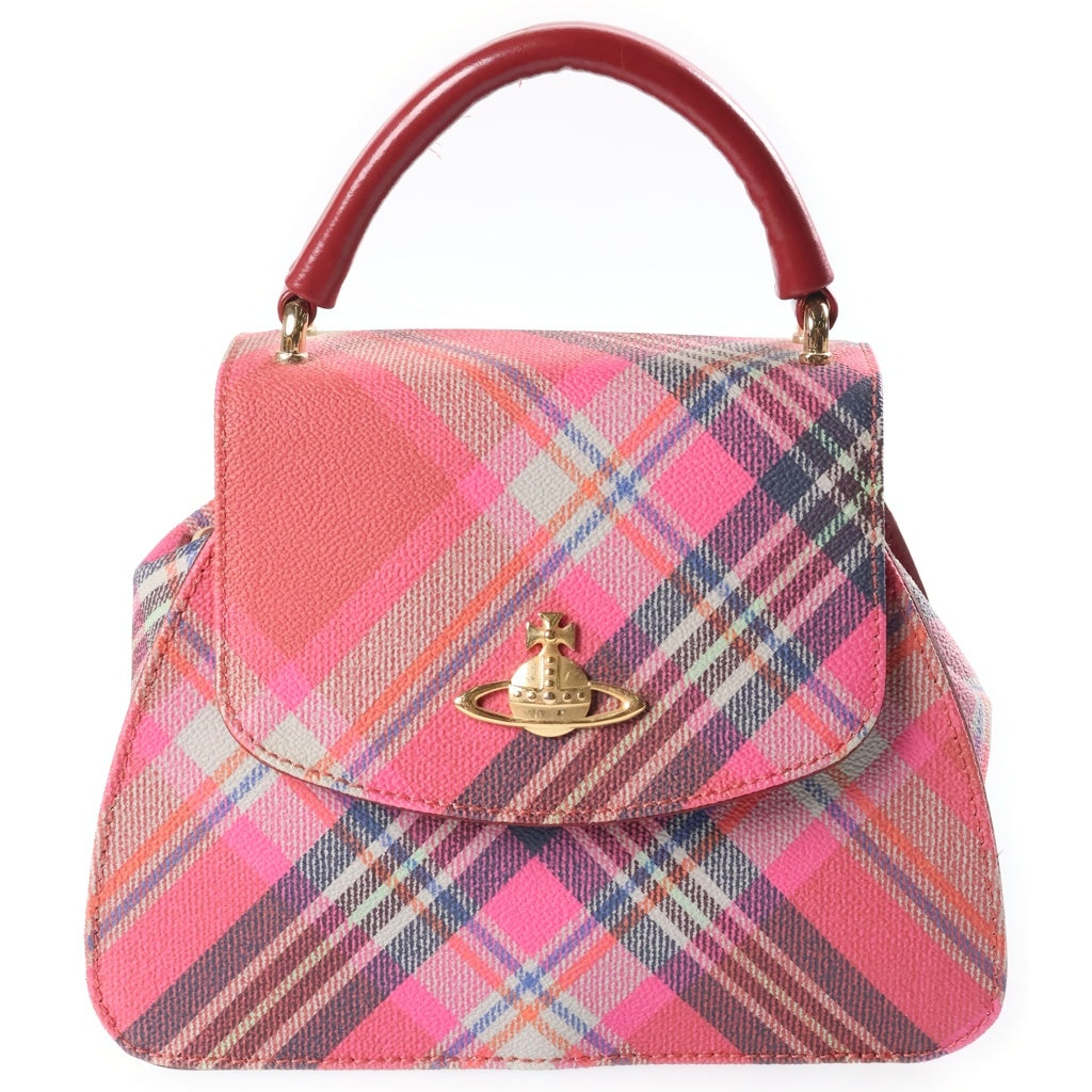 Vivienne Westwood(ヴィヴィアンウエストウッド) オーブロゴ チェック総柄 レザー 2WAY ハンド ショルダー バッグ ゴールド金具 レッド レディース
